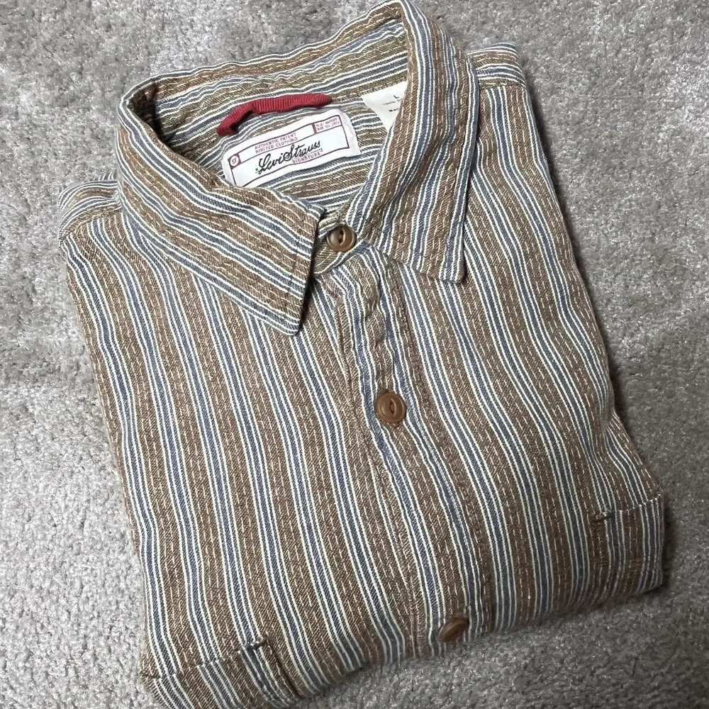 Levis Brown & Blue Striped Button-Up Shirt‎ L 100% Cotton Mens Western Workwear